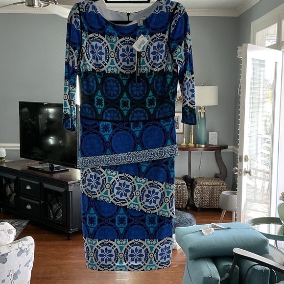 Joseph Ribkoff Blue Multi-Pattern Midi Dress - Picture 1 of 3